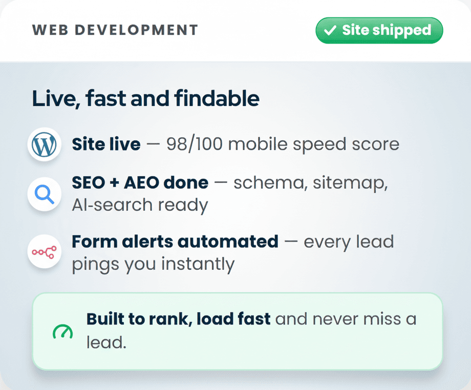 Website shipped: live and fast, SEO and AEO done, form alerts automated
