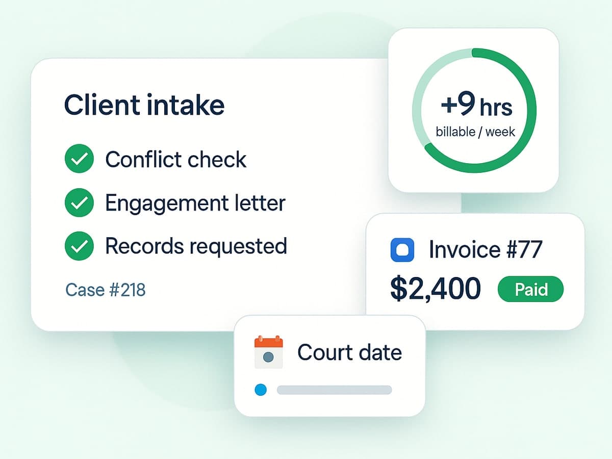 Client intake checklist completed, nine extra billable hours a week, an invoice paid and a court date on the calendar