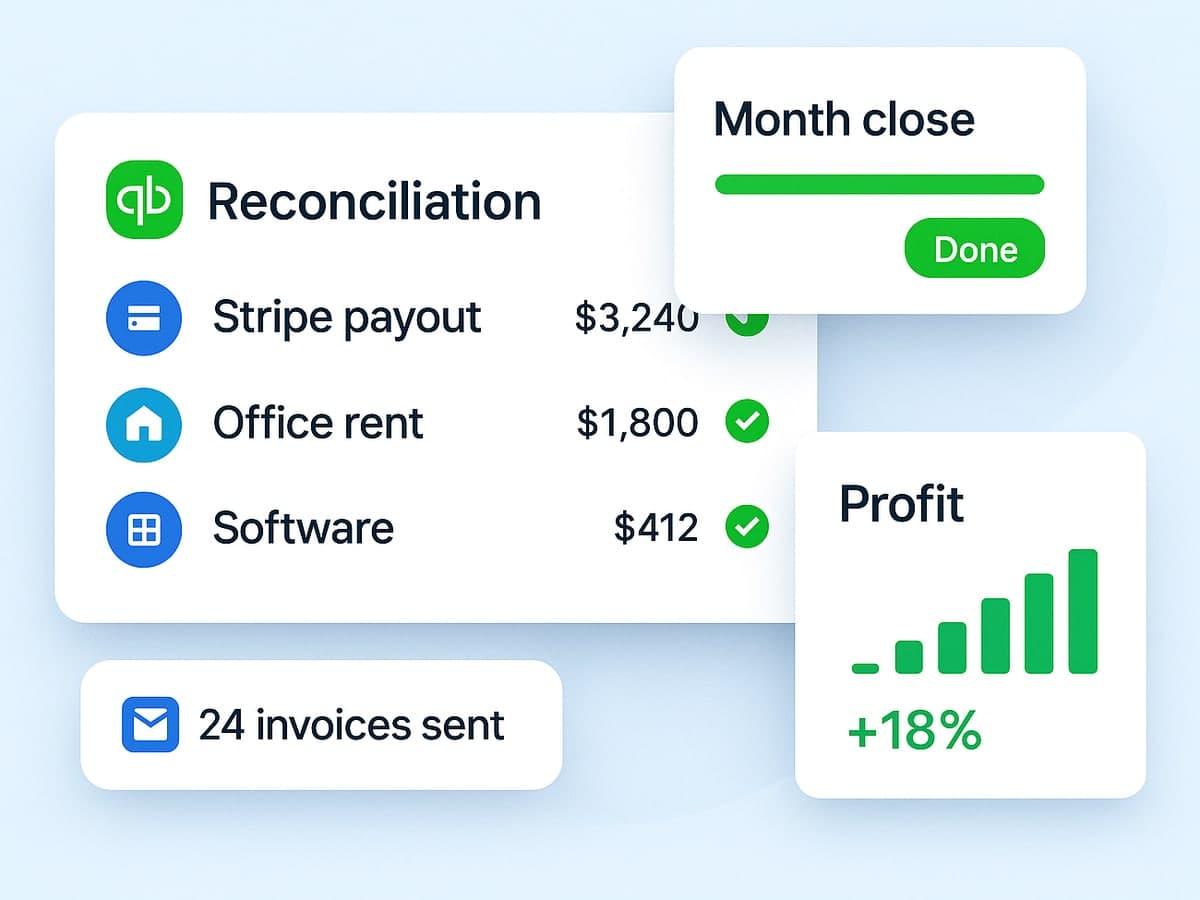 QuickBooks reconciliation with payouts, rent and software ticked off, month close done, profit up 18% and 24 invoices sent