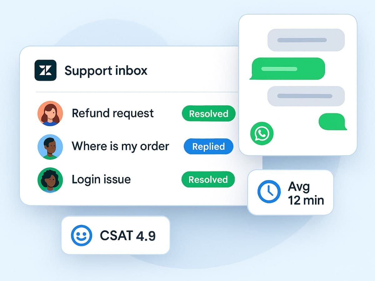 Zendesk support inbox with tickets resolved and replied, a WhatsApp chat, CSAT of 4.9 and a 12-minute average reply