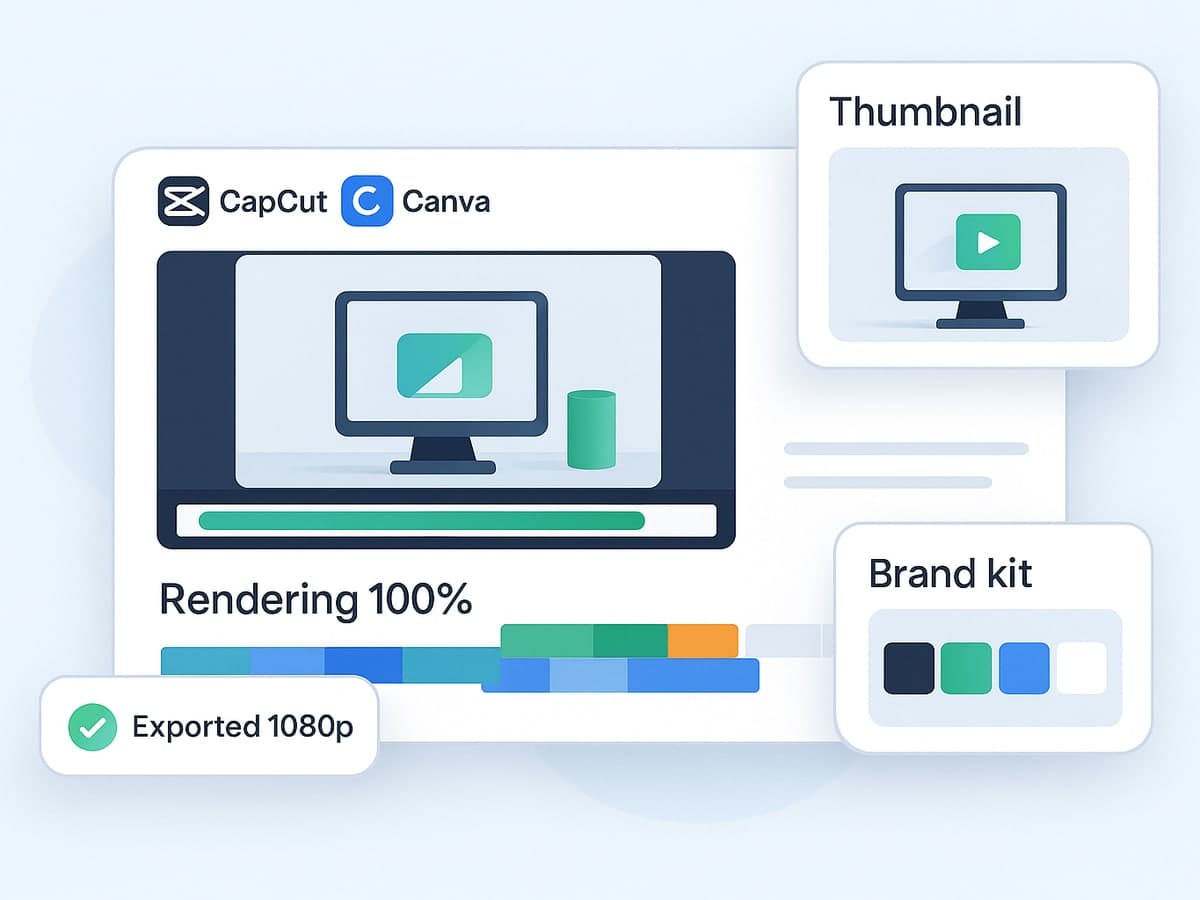 Video editor with CapCut and Canva rendering complete, a thumbnail preview, brand kit swatches and a 1080p export
