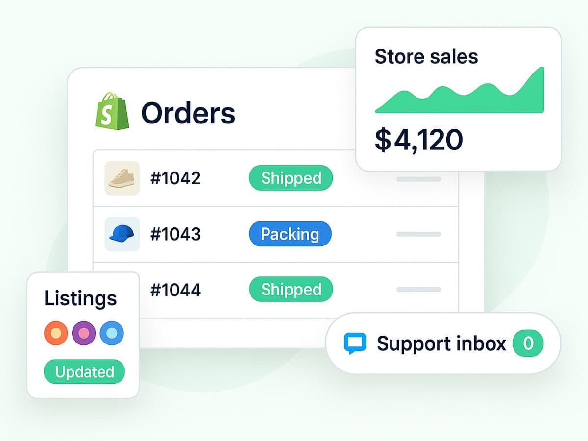 Shopify orders shipped and packing, store sales of $4,120, listings updated and the support inbox at zero