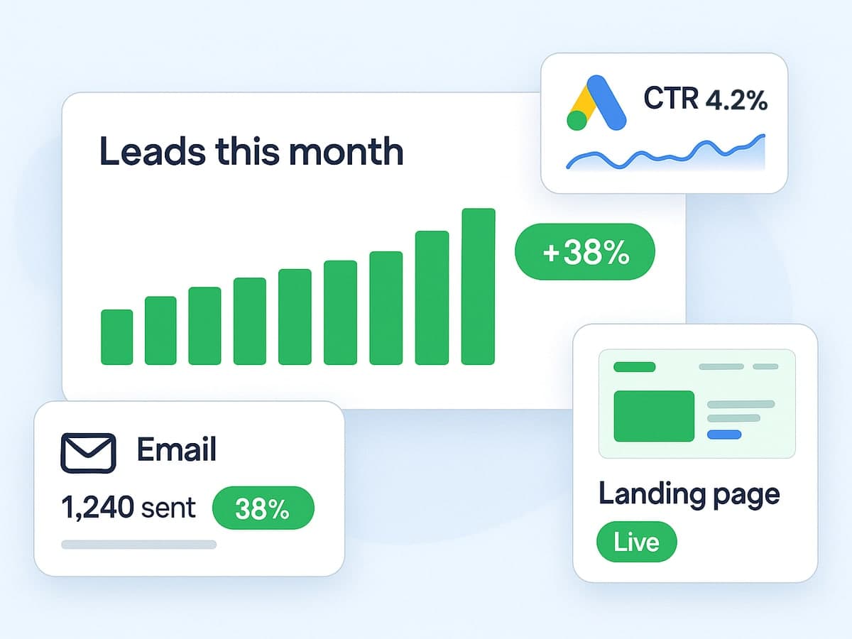 Marketing dashboard with leads up 38%, Google Ads CTR of 4.2%, an email campaign sent to 1,240 contacts and a landing page live