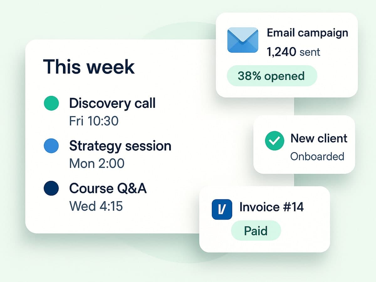 A consultant week with a discovery call, strategy session and course Q&A booked, an email campaign sent to 1,240 contacts, an invoice paid and a new client onboarded