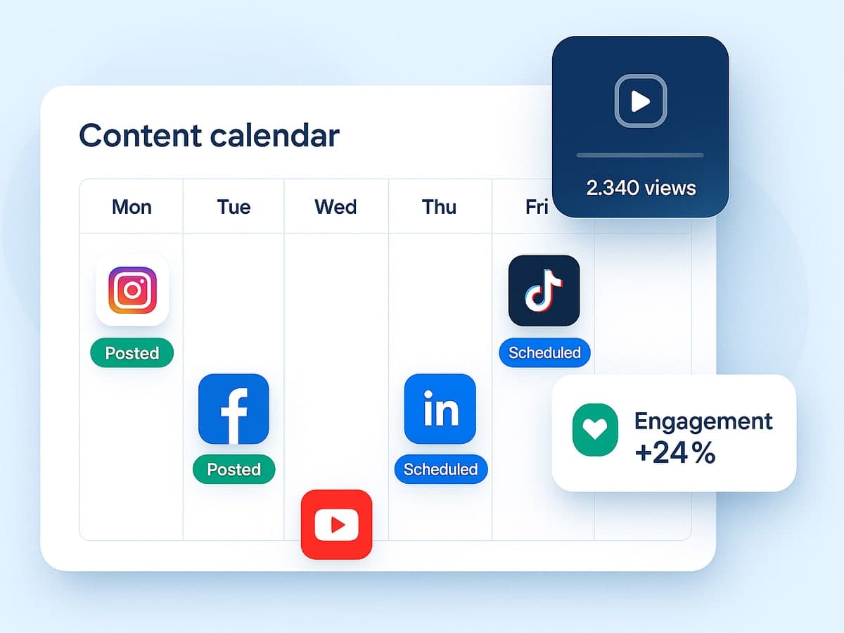 Weekly content calendar with posts published and scheduled across Instagram, Facebook, LinkedIn, TikTok and YouTube, a reel at 2,340 views and engagement up 24%