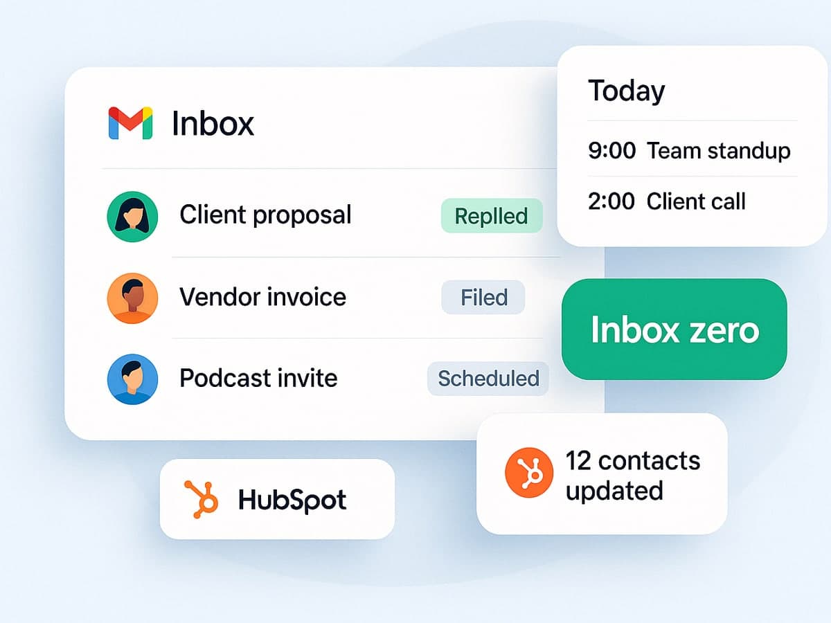 Gmail inbox at zero with replies filed and scheduled, today’s calendar and 12 HubSpot contacts updated