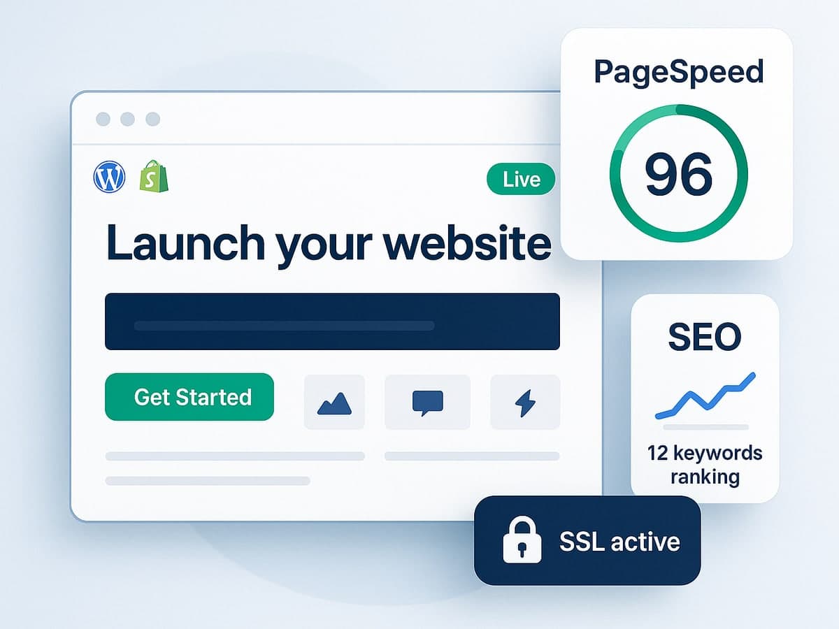 A launched website in the browser with PageSpeed 96, 12 keywords ranking and SSL active
