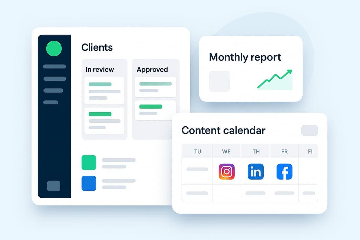 An agency dashboard with clients and an approval board, a white-label monthly report and a content calendar