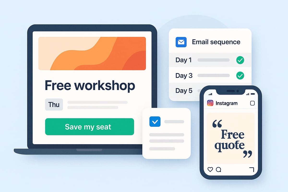 A webinar registration page, a three-email sequence and a quote post