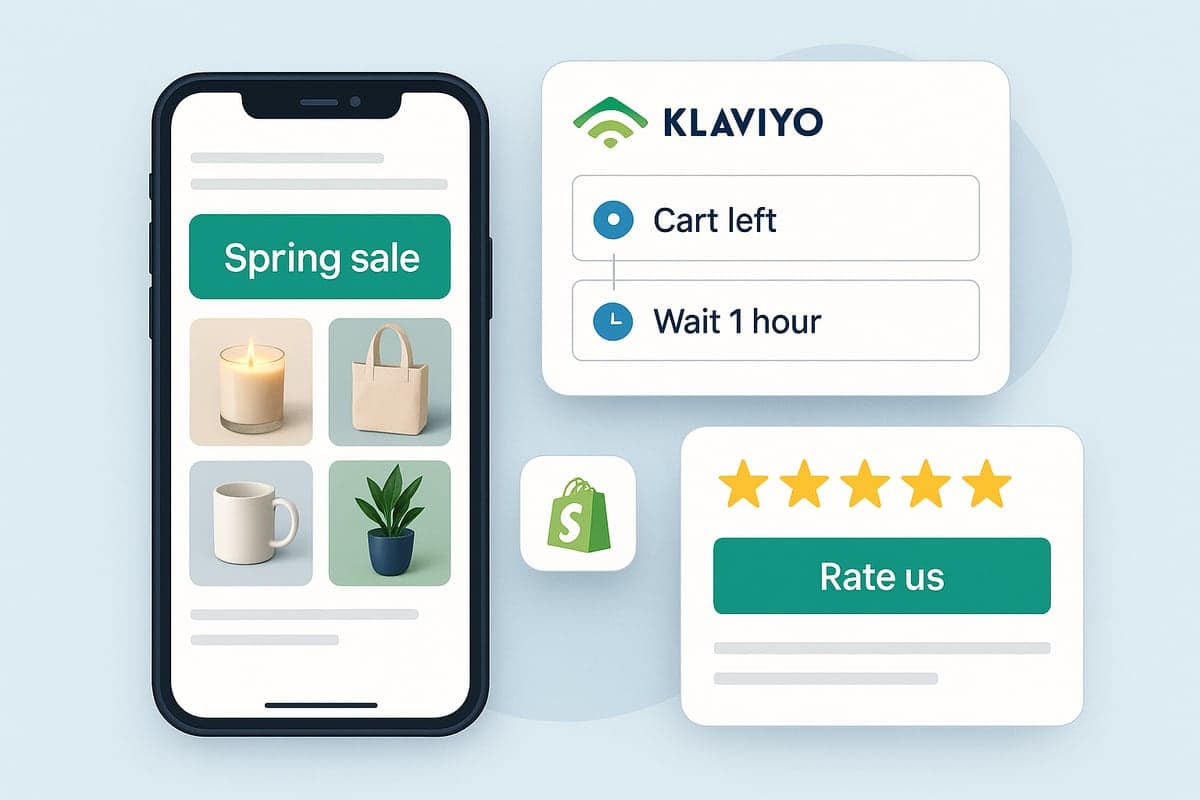 A product grid post, a Klaviyo abandoned-cart flow and a review request