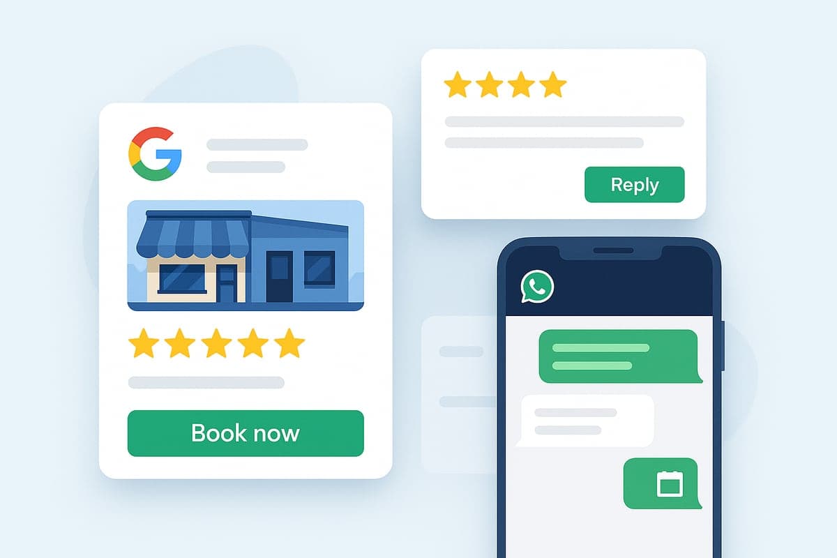 A Google Business Profile, a review reply and a WhatsApp booking chat