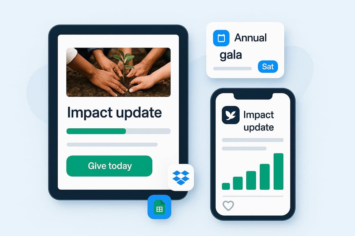 A donor newsletter, an event card and an impact post