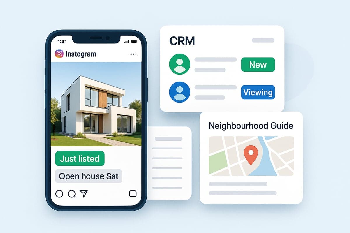 A just-listed post, CRM leads tagged new and viewing, and a neighbourhood guide