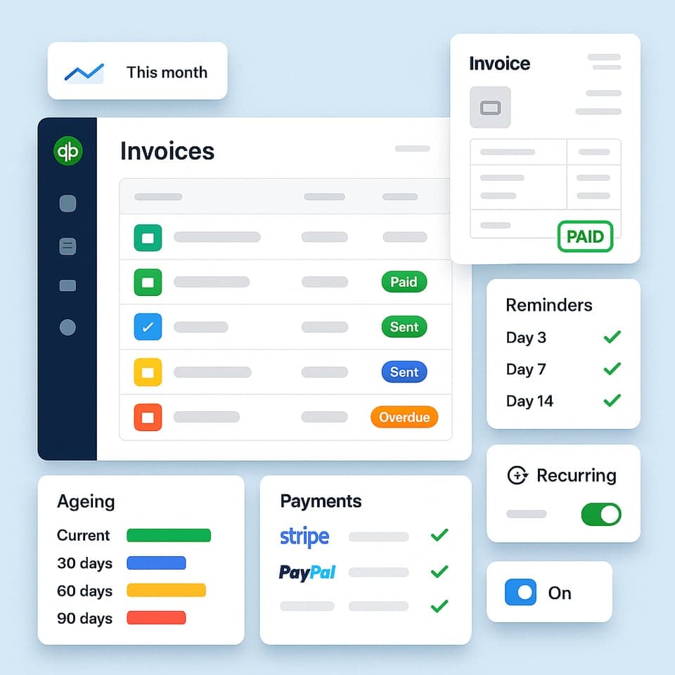 Invoices marked paid, sent, overdue and draft, an invoice preview, a reminder schedule, an ageing chart and payment platforms