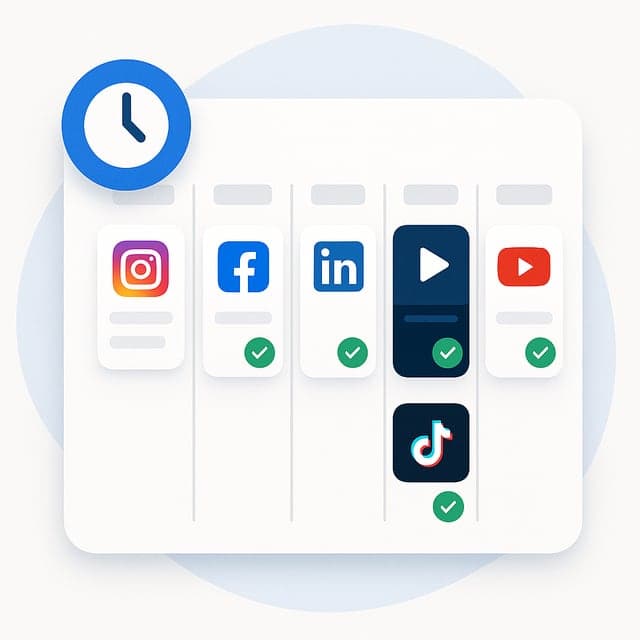 Five posts, a carousel and a short video, scheduled across Instagram, Facebook, LinkedIn, TikTok and YouTube for the week.