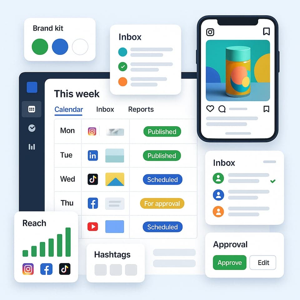 A weekly social scheduler with posts published, scheduled and awaiting approval, an Instagram carousel preview and the inbox