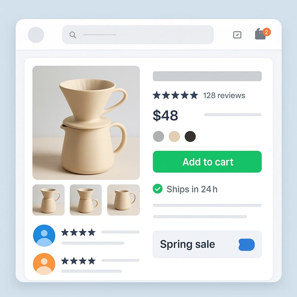 A product page for a pour-over coffee set with reviews, stock, add to cart and a promo banner