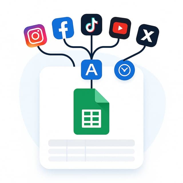 Every Monday an Apify job pulls your posts, mentions and comments, and your competitors', from six platforms into one Google Sheet.