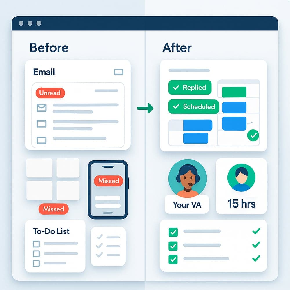 The same desk before and after an assistant: unread mail, missed calls and an unticked list on the left; replies sent, meetings booked, every task ticked and 15 hours freed on the right