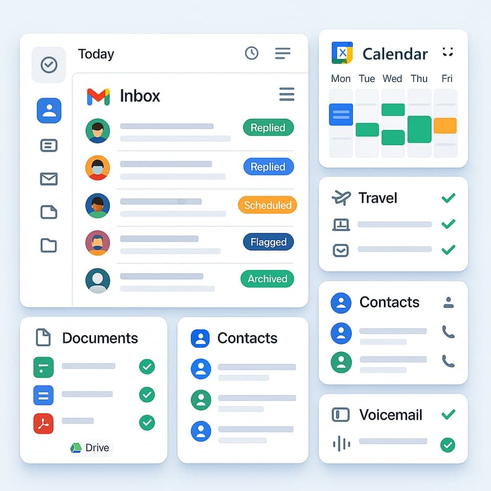 An inbox with emails replied, scheduled and flagged, a booked week calendar, travel bookings, documents, contacts and voicemail