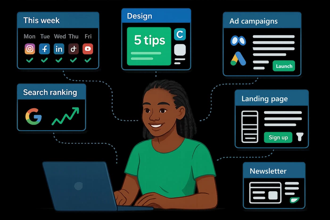 A Virtual Wise marketing assistant at her laptop, surrounded by her work: a weekly social calendar, a design in Canva, ad campaigns, a search ranking chart, a landing page and a newsletter