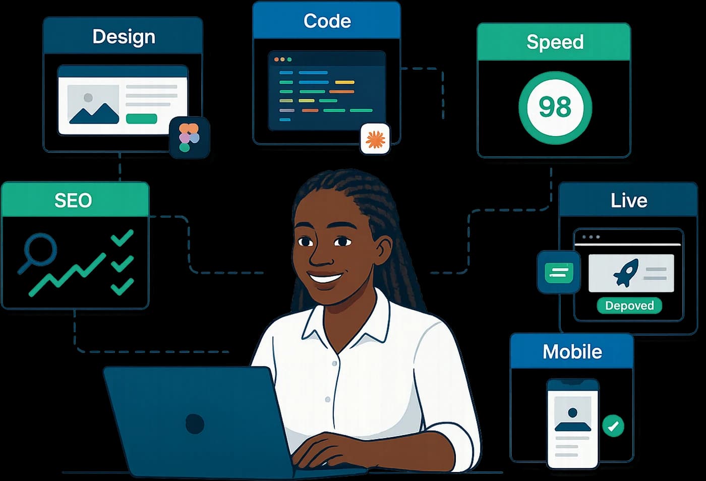 A Virtual Wise web assistant at her laptop, surrounded by her work: a design mock-up, a code editor with AI, a speed score of 98, a deployed site, SEO checks and the mobile view
