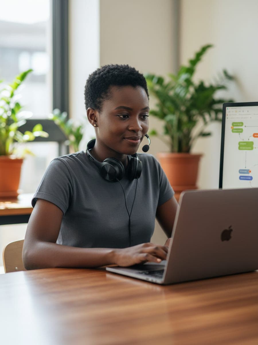 A young Kenyan virtual assistant working at a laptop with an automation canvas on screen