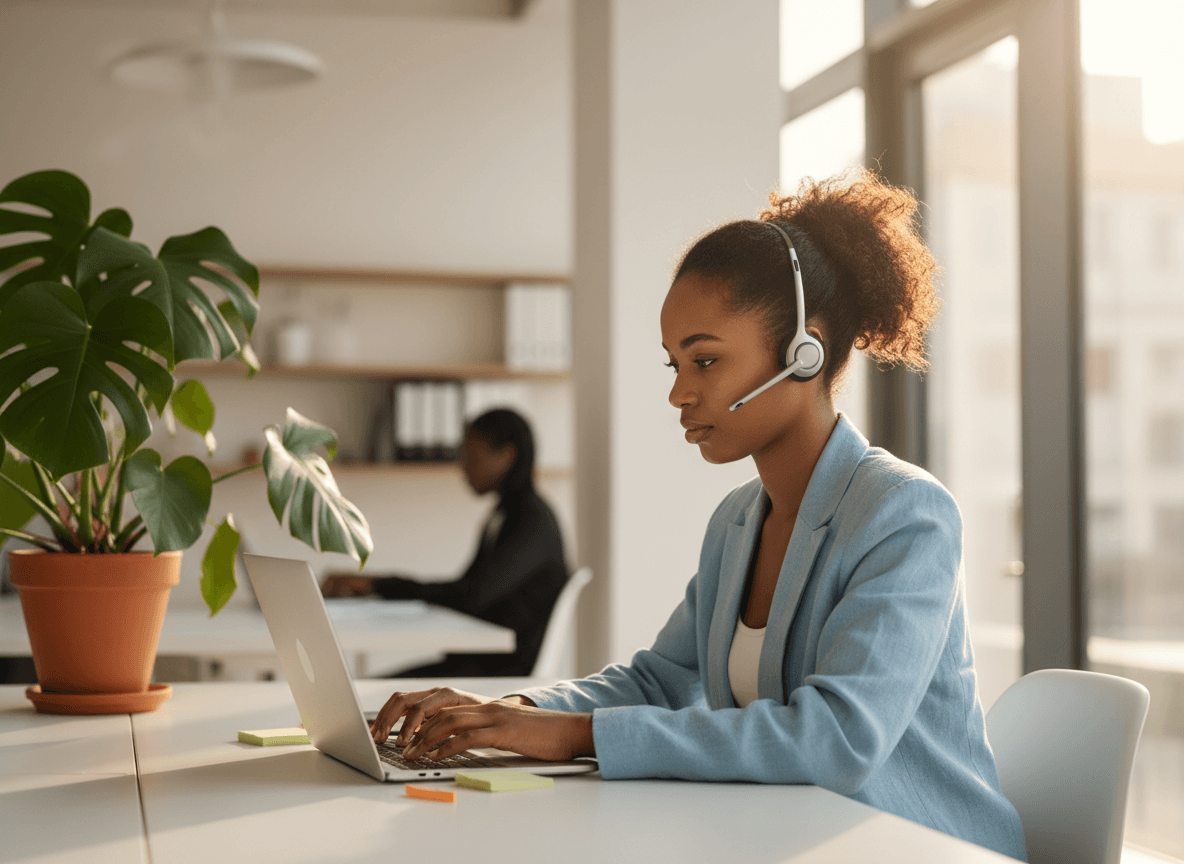 A Virtual Wise virtual assistant working at her laptop with a headset
