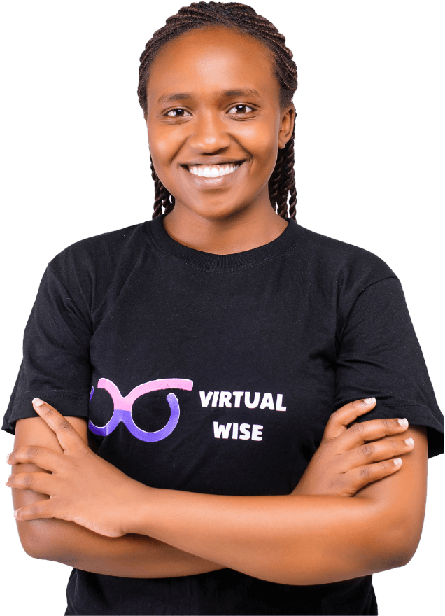 A Virtual Wise virtual assistant, arms crossed and smiling